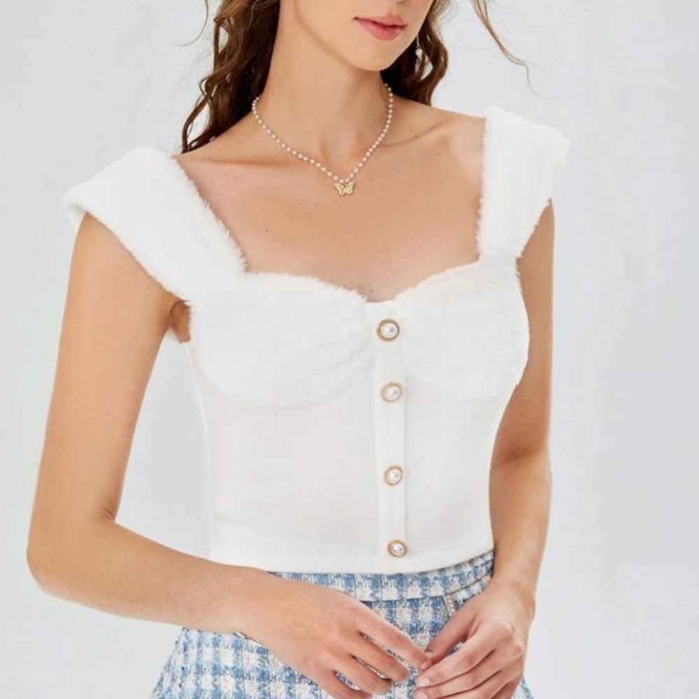 Fuzzy Button Front Top - Picture 2 of 3